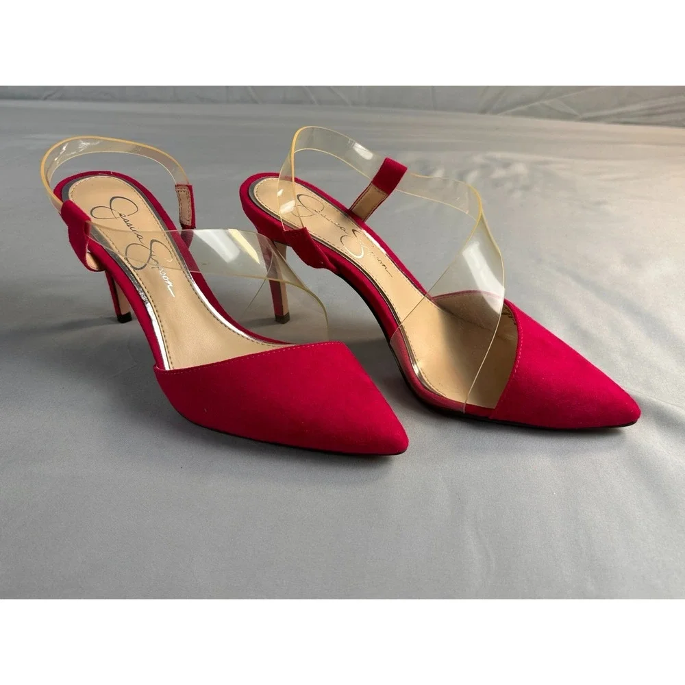 Jessica Simpson Women Heels Pumps Red Suede Pointed Toe Stiletto Clear Strap SZ6